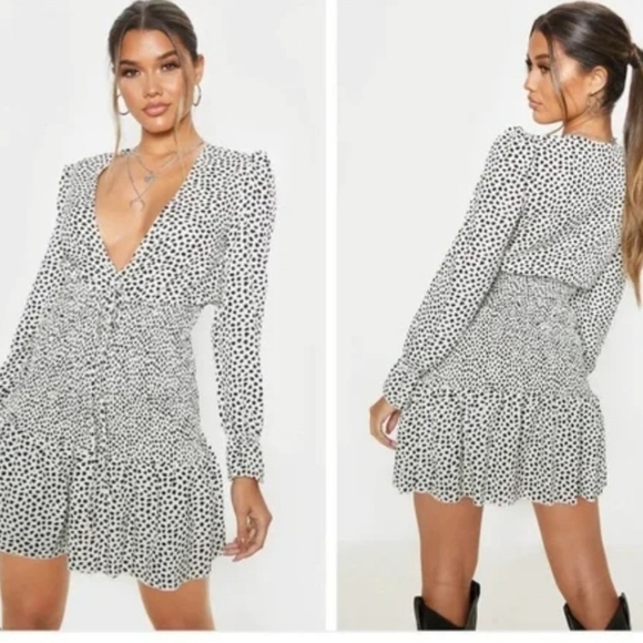 PrettyLittleThing Dresses & Skirts - PrettyLittleThing Dalmation Polka Dot V-Neck Mini Dress